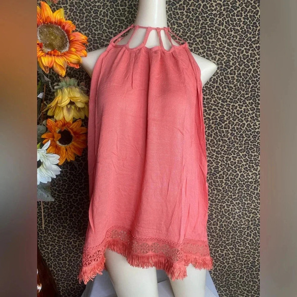 🌴3/$30🌴DOE & RAE Crabapple Halter Mock Neck Embroidered/Fringe Cami Tank Top - Picture 1 of 9
